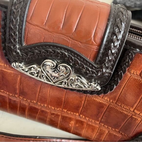 M C Marc Chantal Leather Bag Croc Embossed Two Tone Brown Silver Hardware - Picture 4 of 8